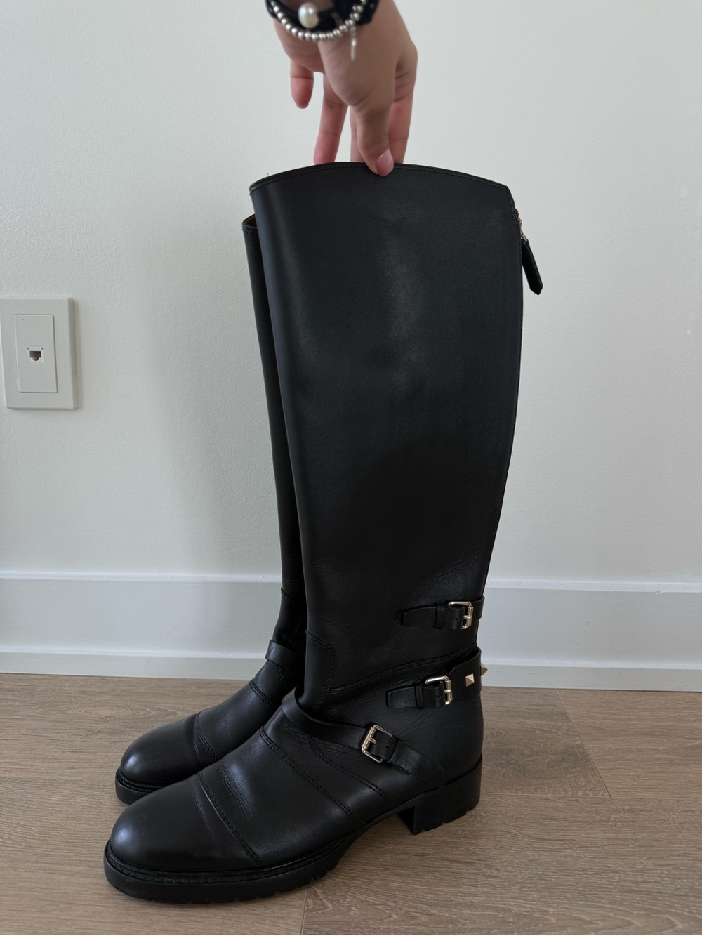 Black Leather Knee-High Buckle Boots